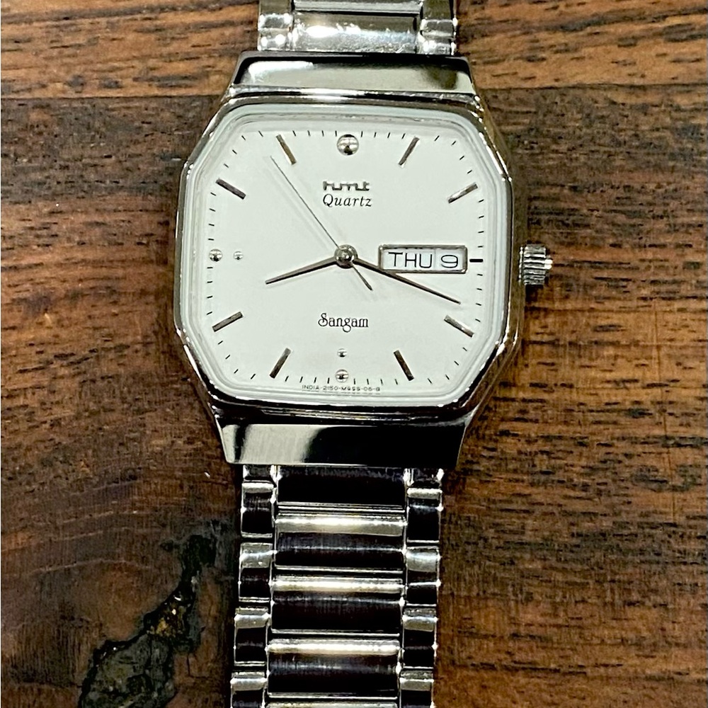 HTM Silver Watch with White Face Stainless Steel Strap Classic Daily Watch EUC